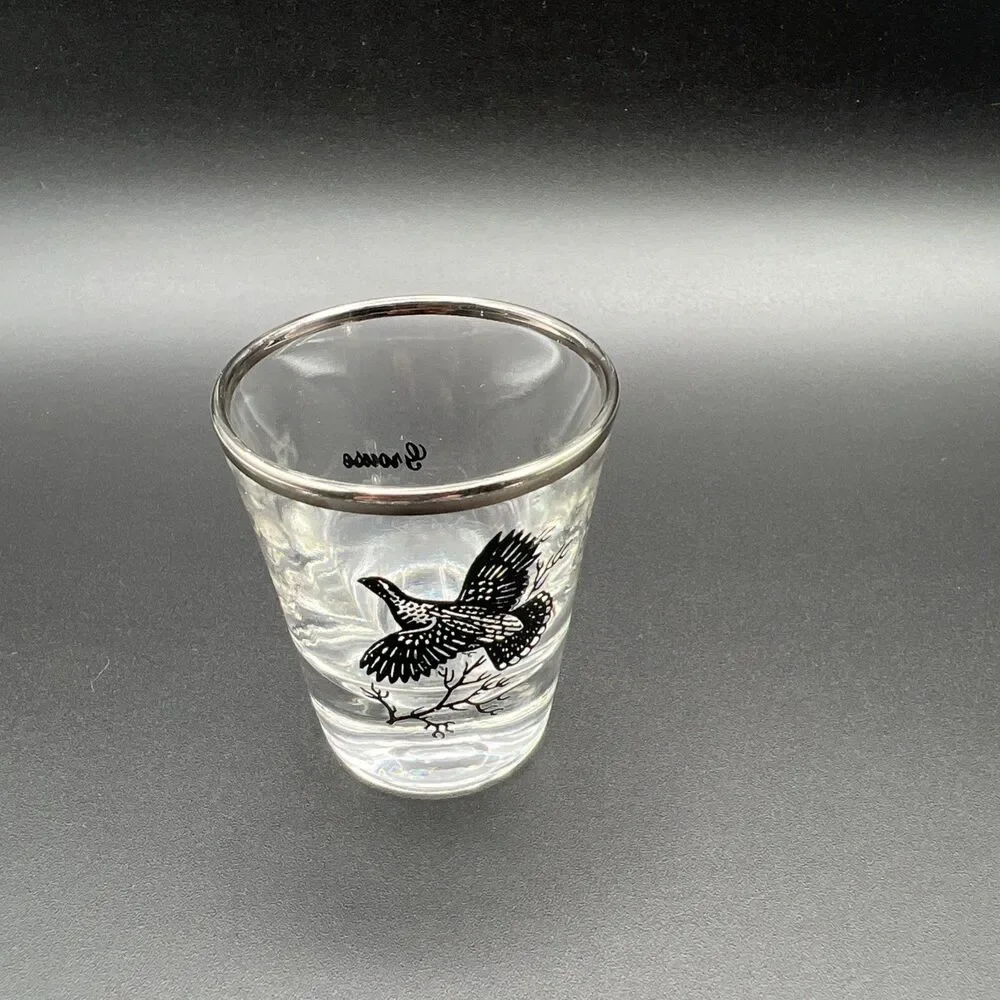 2 MCM wild bird Silver Trimmed shot glasses Goose Canadian Goose Vintage